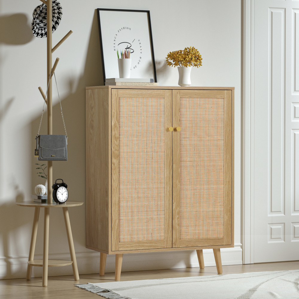 Anmytek Rattan Cabinet, Storage Cabinet with Crafted Rattan Front, Entry Cabinet Wood 2 Door Accent Cabinet with Adjustable Shelves Rustic Oak, H0030