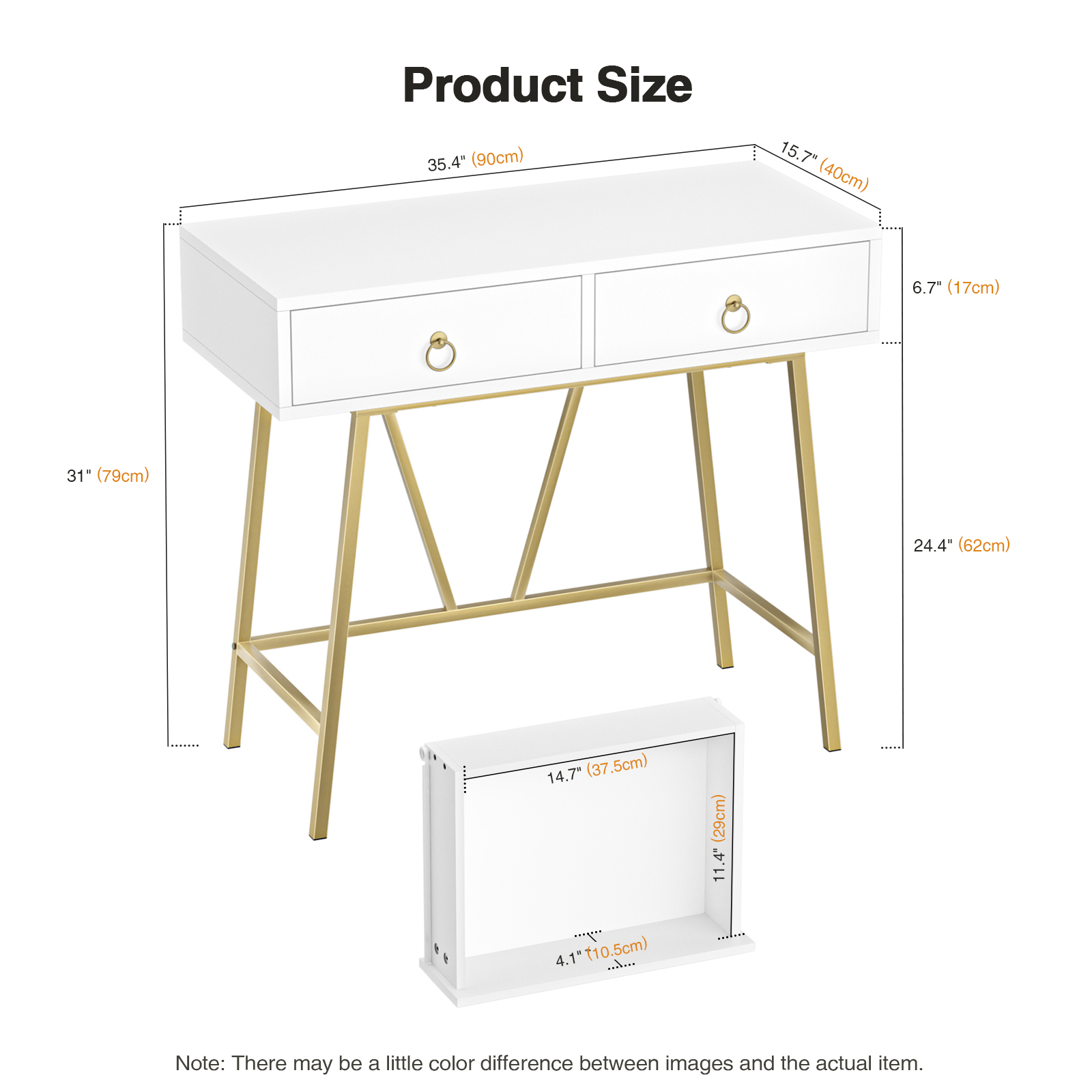 Anmytek Modern Home Office Desk, 35.4 Inch Makeup Vanity Table White Study Desk 2 Drawers Writing Desk Computer Desk with Golden Legs, D0002