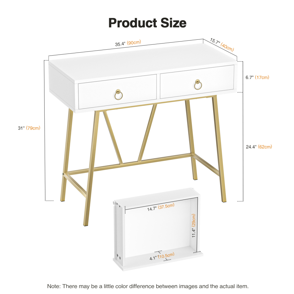 Anmytek Modern Home Office Desk, 35.4 Inch Makeup Vanity Table White Study Desk 2 Drawers Writing Desk Computer Desk with Golden Legs, D0002