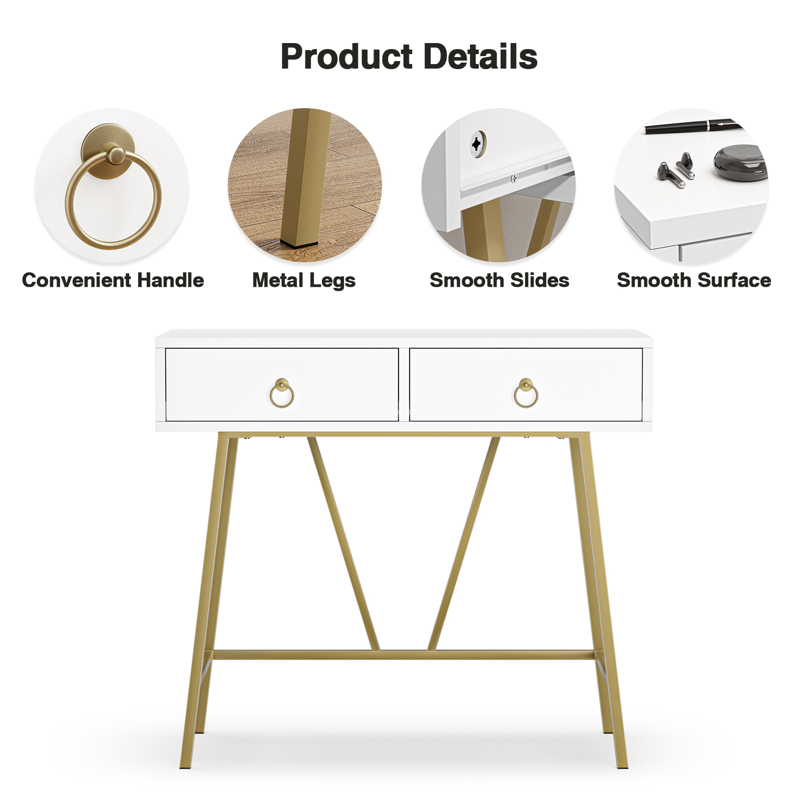 Anmytek Modern Home Office Desk, 35.4 Inch Makeup Vanity Table White Study Desk 2 Drawers Writing Desk Computer Desk with Golden Legs, D0002