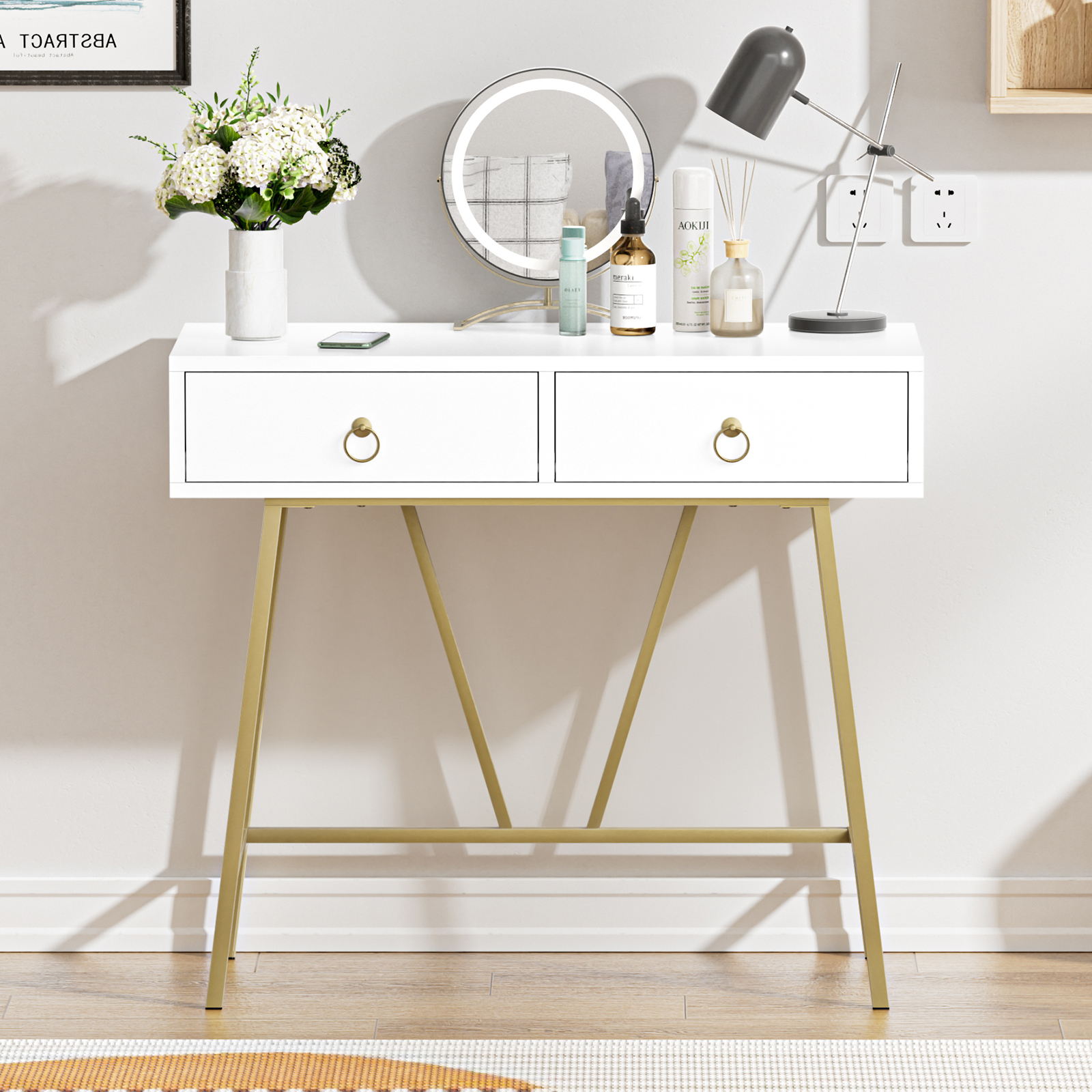 Anmytek Modern Home Office Desk, 35.4 Inch Makeup Vanity Table White Study Desk 2 Drawers Writing Desk Computer Desk with Golden Legs, D0002