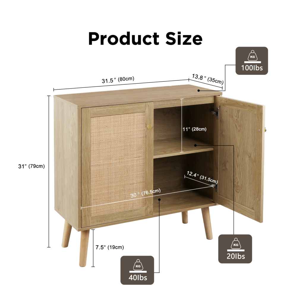 Anmytek Rattan Cabinet, 2 Door Sideboard Buffet Storage Cabinet with Adjustable Shelf Large Space for Living Room Dining Room Hallway Entryway H0082