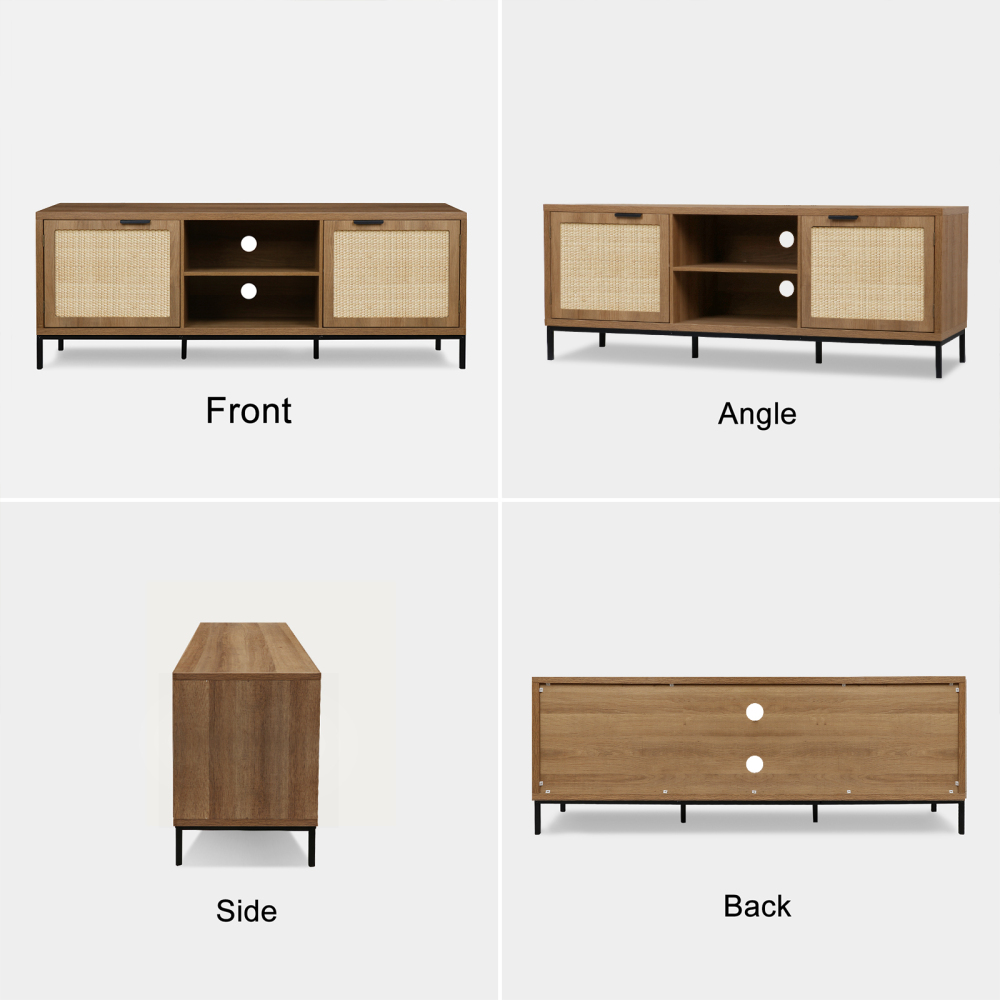 Anmytek Farmhouse Rattan TV Stand for 65 Inch TV, Rustic TV Console Table with 2 Rattan Doors, Modern Entertainment Center for Living Room Bedroom H0033