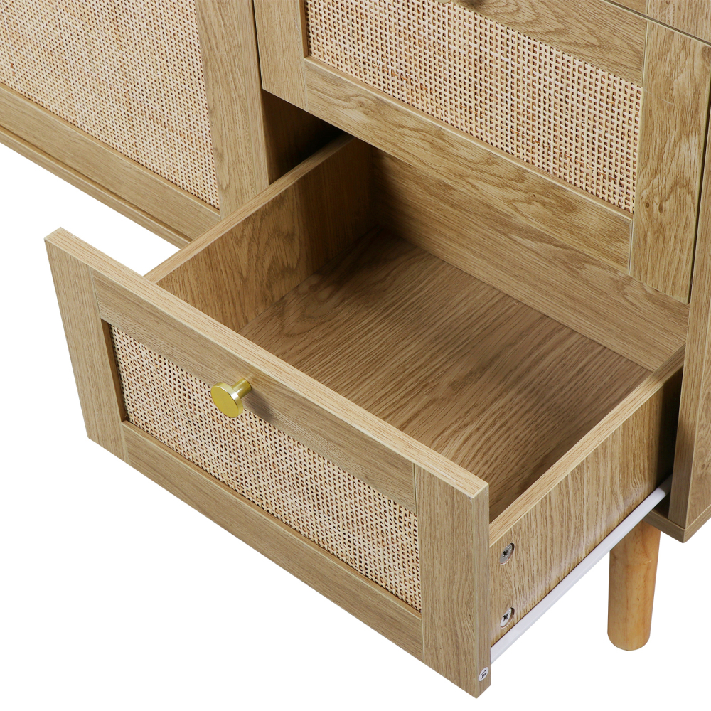 Anmytek Rattan Storage Cabinet with 2 Doors and 3 Drawers, Buffet Cabinet with Spacious Storage, Wood Sideboard Buffet for Living Room Dining Room Hallway Kitchen, Natural Oak H0088