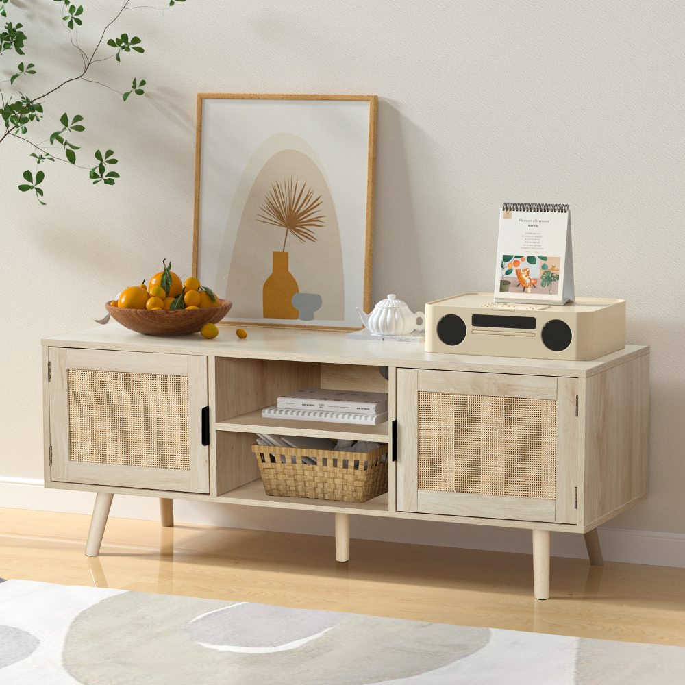 Universal Wood TV Stand with 2 Rattan Doors, Farmhouse Boho Media Console Table Rustic Oak Finish for Living Room, H0015