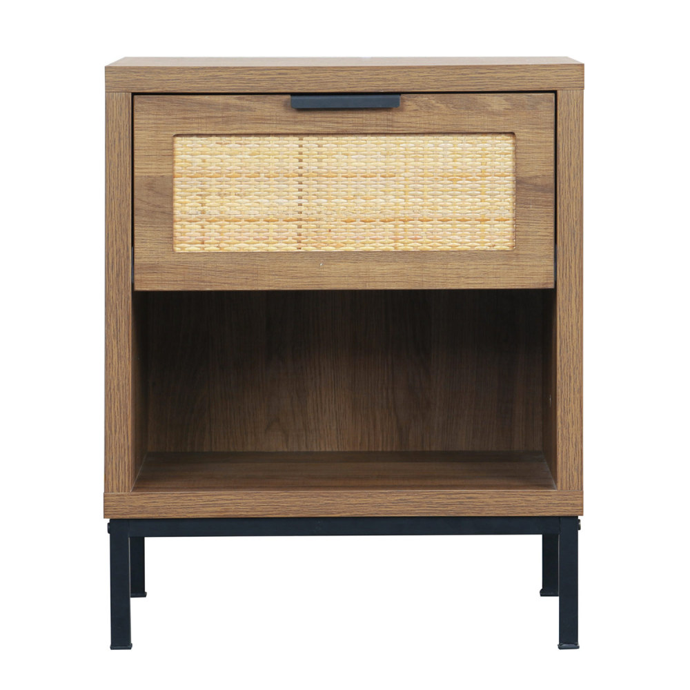 Anmytek Rattan Drawer Nightstand, Bedroom Living Room Side Table Natural Wood End Table Wood Finish & Matte Accents with Storage H0010