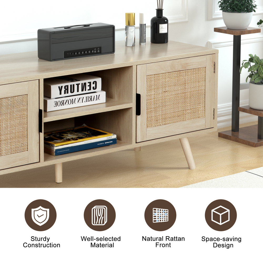 Universal Wood TV Stand with 2 Rattan Doors, Farmhouse Boho Media Console Table Rustic Oak Finish for Living Room, H0015