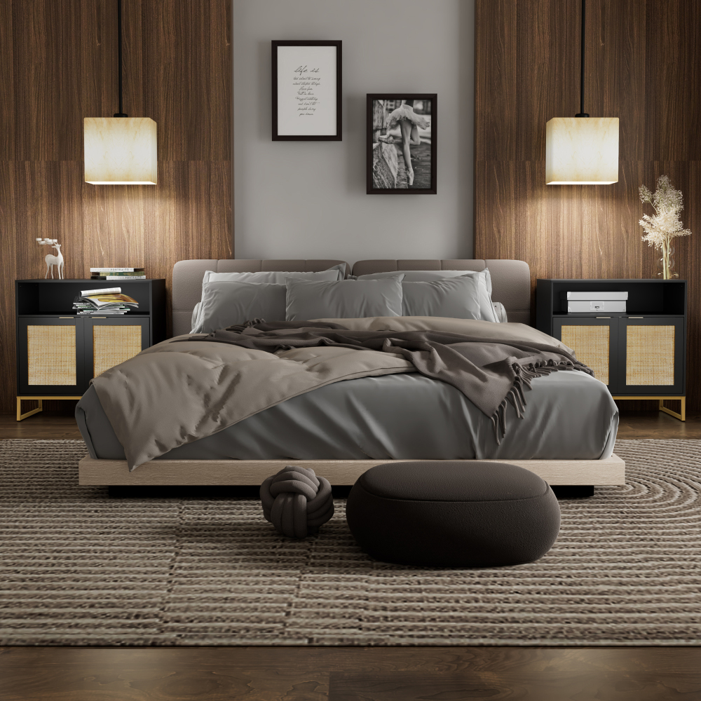 Anmytek Rattan Cabinet, Storage Cabinet with Doors and Open Shelf Sideboard Buffet Cabinet for Dining Room Living Room Hallway Black H0068