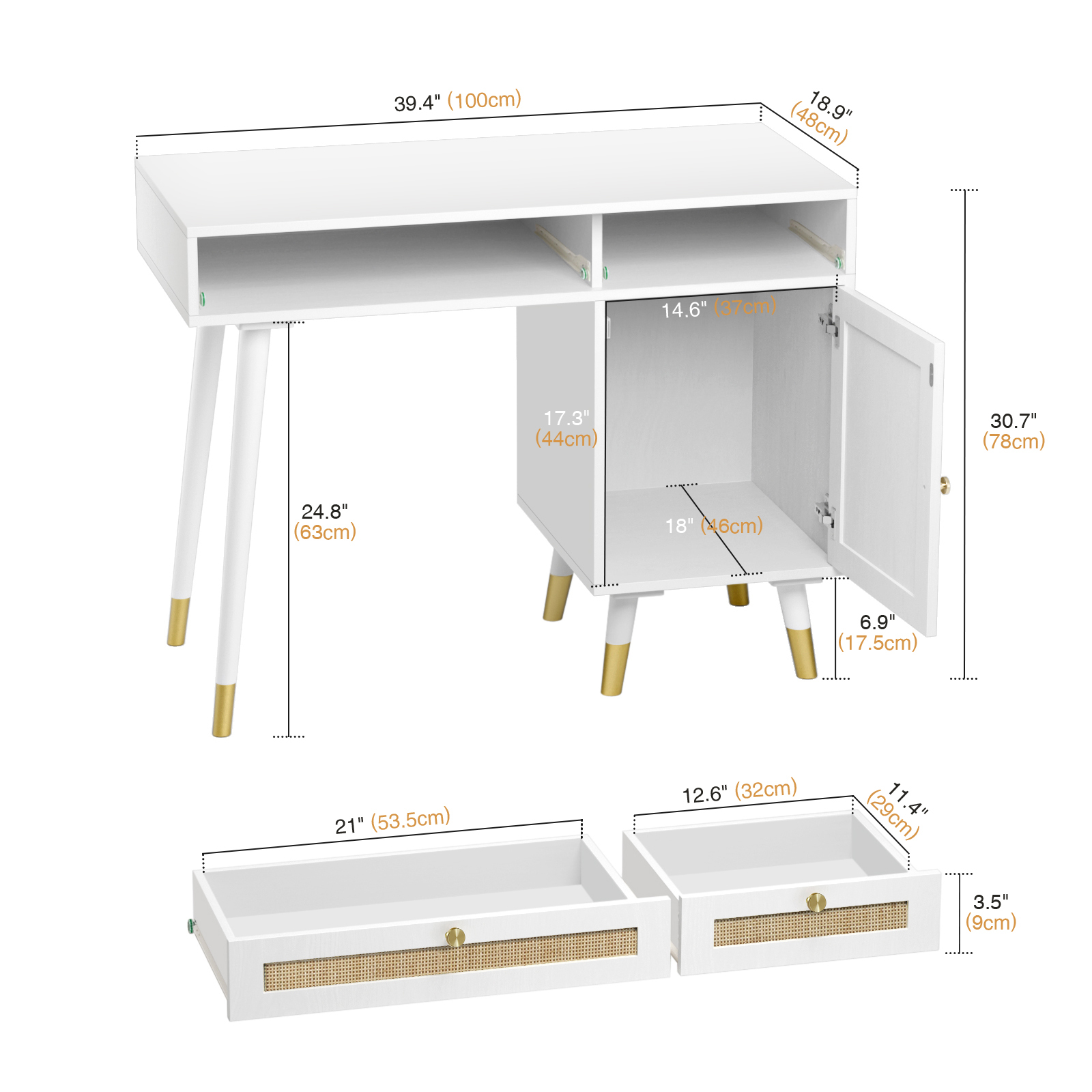 Anmytek Rattan Vanity Desk with Drawers and Storage, White Makeup Vanity Table Modern Home Office Desk Computer Desk for Bedroom Study D0006