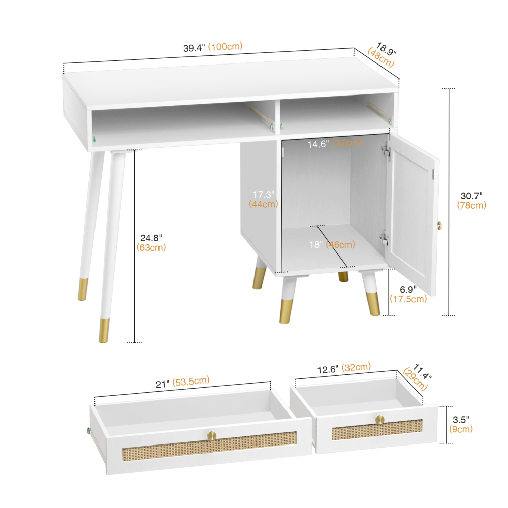 Anmytek Rattan Vanity Desk with Drawers and Storage, White Makeup Vanity Table Modern Home Office Desk Computer Desk for Bedroom Study D0006