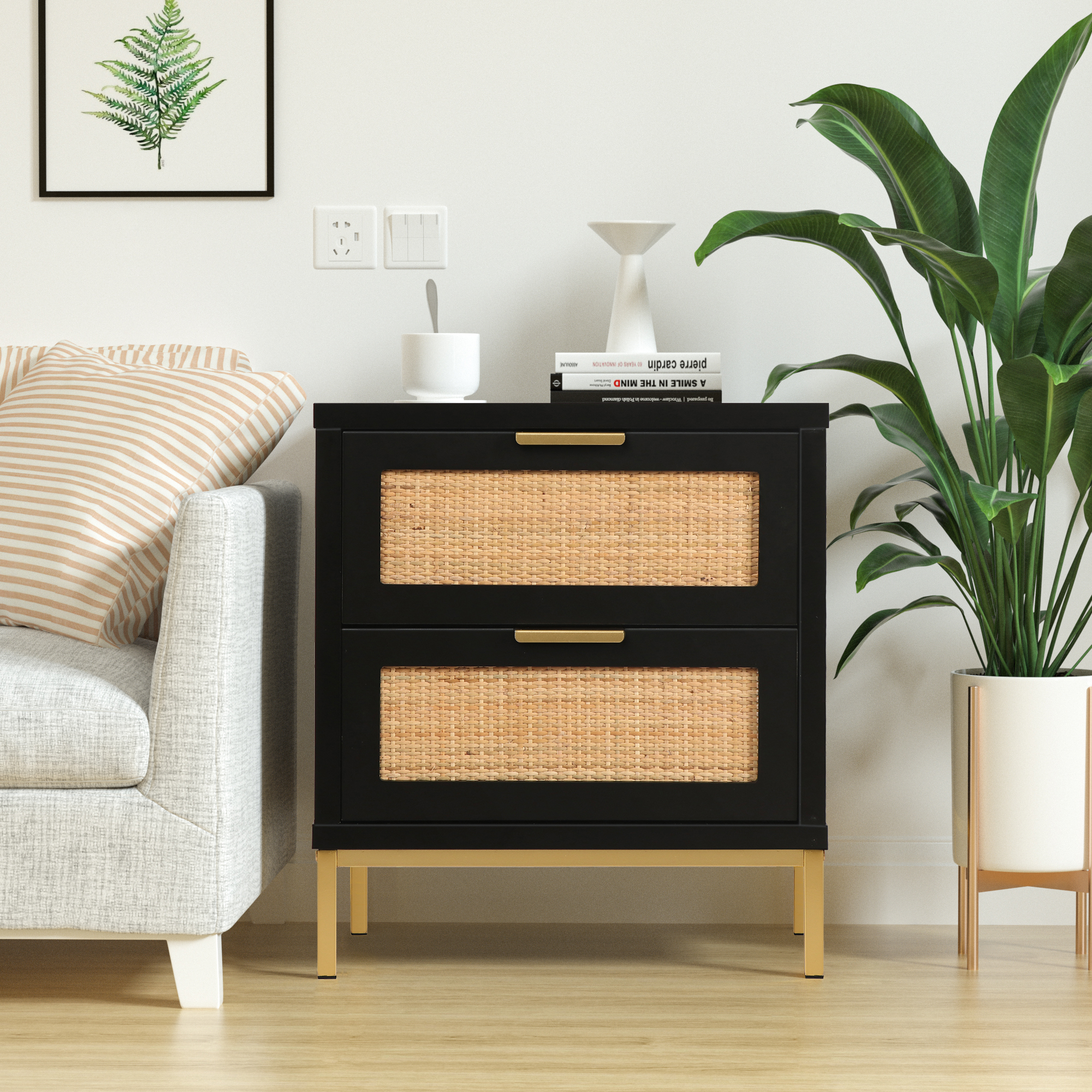 Anmytek Rattan Nightstand, 21.5" H Farmhouse Bedside Table with 2 Spacious Drawers Rustic Sofa Side Table for Bedroom Living Room, Black, H0057