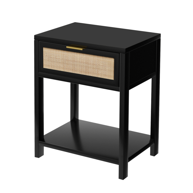Anmytek 24" H Wood Nightstand, Mid-Century Modern End Table with Storage Drawer and Open Shelf Rattan Bedside Table Small Side Table for Living Room Bedroom, Black, H0020