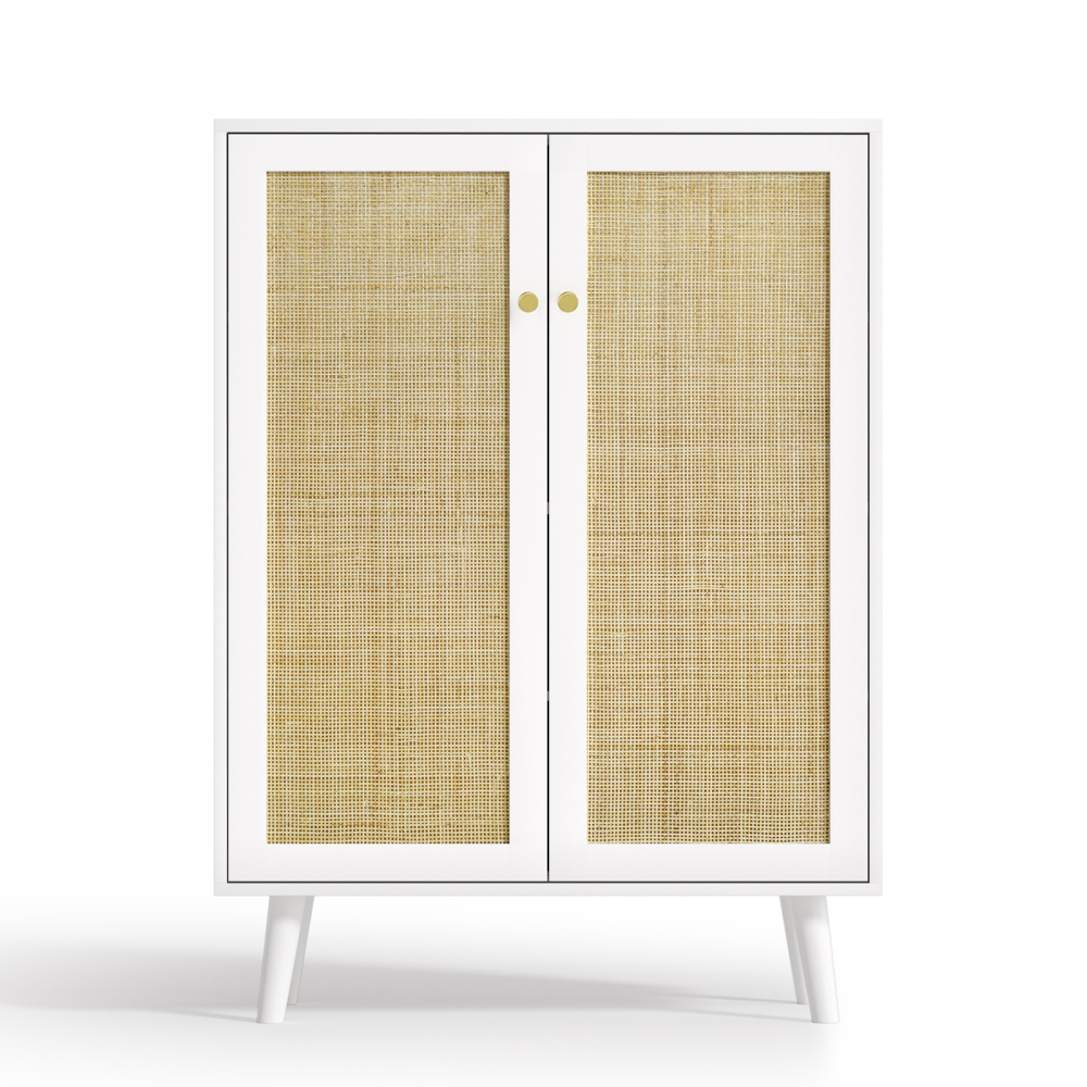 Anmytek Rattan Cabinet, 44" H Tall Sideboard Storage Cabinet with Crafted Rattan Front, Entry Cabinet Wood 2 Door Accent Cabinet with Adjustable Shelves White, H0086