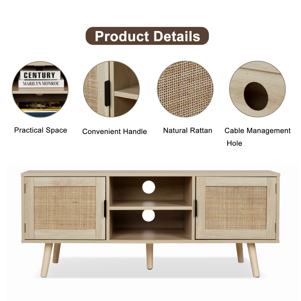 Universal Wood TV Stand with 2 Rattan Doors, Farmhouse Boho Media Console Table Rustic Oak Finish for Living Room, H0015