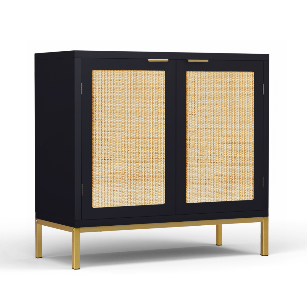 Anmytek Black Rattan Cabinet with Storage, Sideboard Storage Cabinet with 2 Rattan Decorated Doors Fixed Shelf Large Space Wood Cabinet for Living Room Entryway Hallway Dining Room H0047
