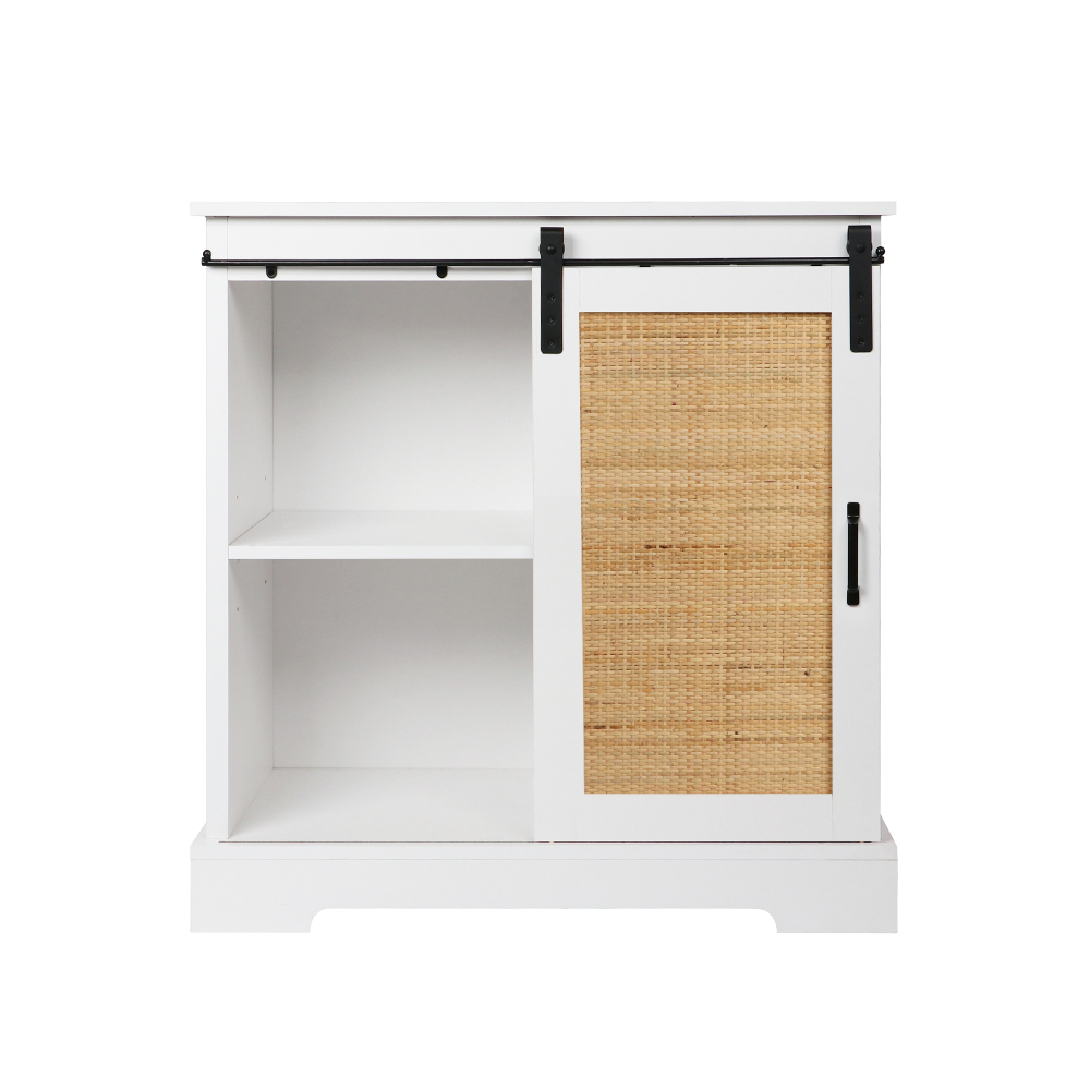 Anmytek Rattan Cabinet, Sideboard with Sliding Barn Door Farmhouse Coffee Bar Cabinet  for Living Room Kitchen Dining Room H0064