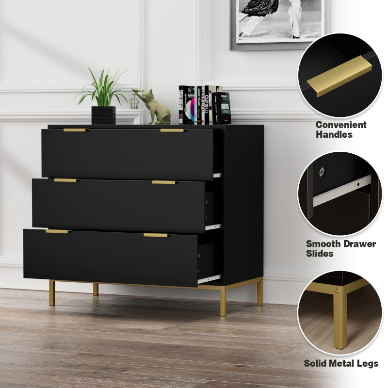 Anmytek Black Dresser for Bedroom, 3 Drawer Dresser with Spacious Storage Modern Wood Chest of Drawers for Bedroom Living Room Hallway H0073