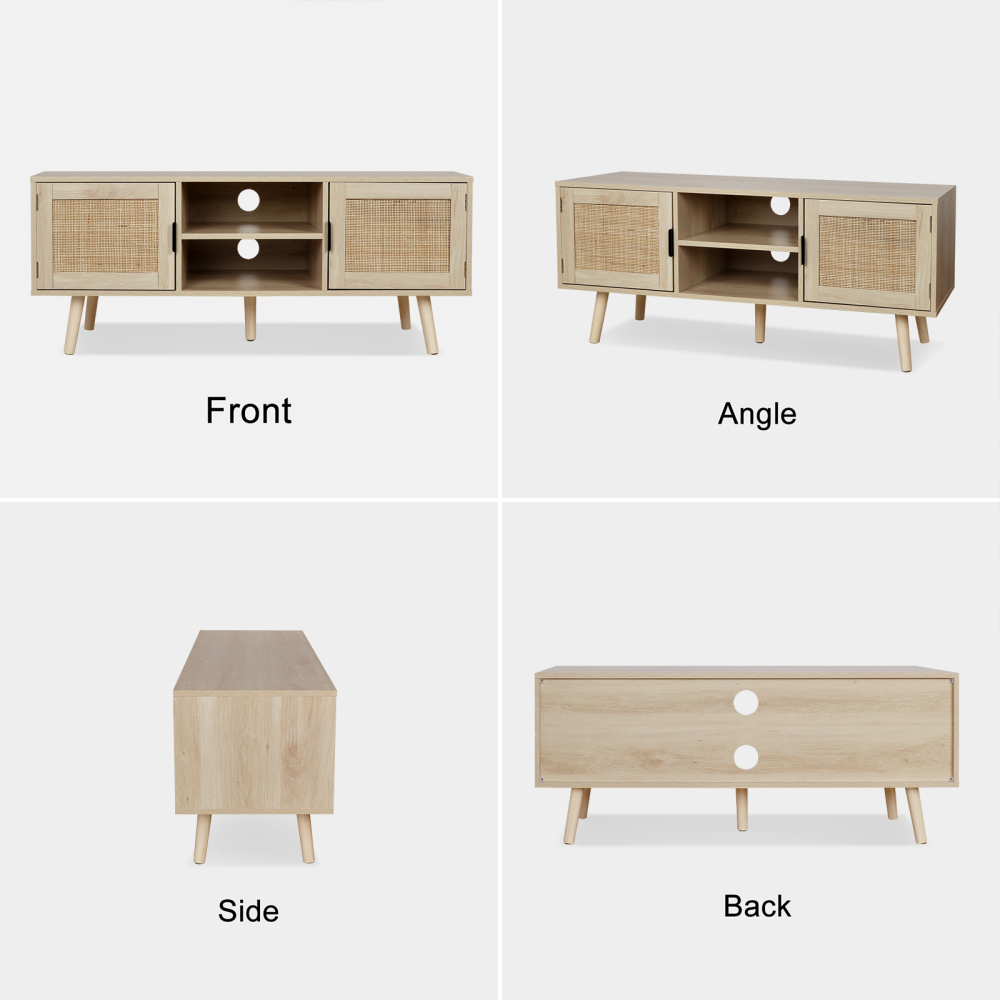 Universal Wood TV Stand with 2 Rattan Doors, Farmhouse Boho Media Console Table Rustic Oak Finish for Living Room, H0015