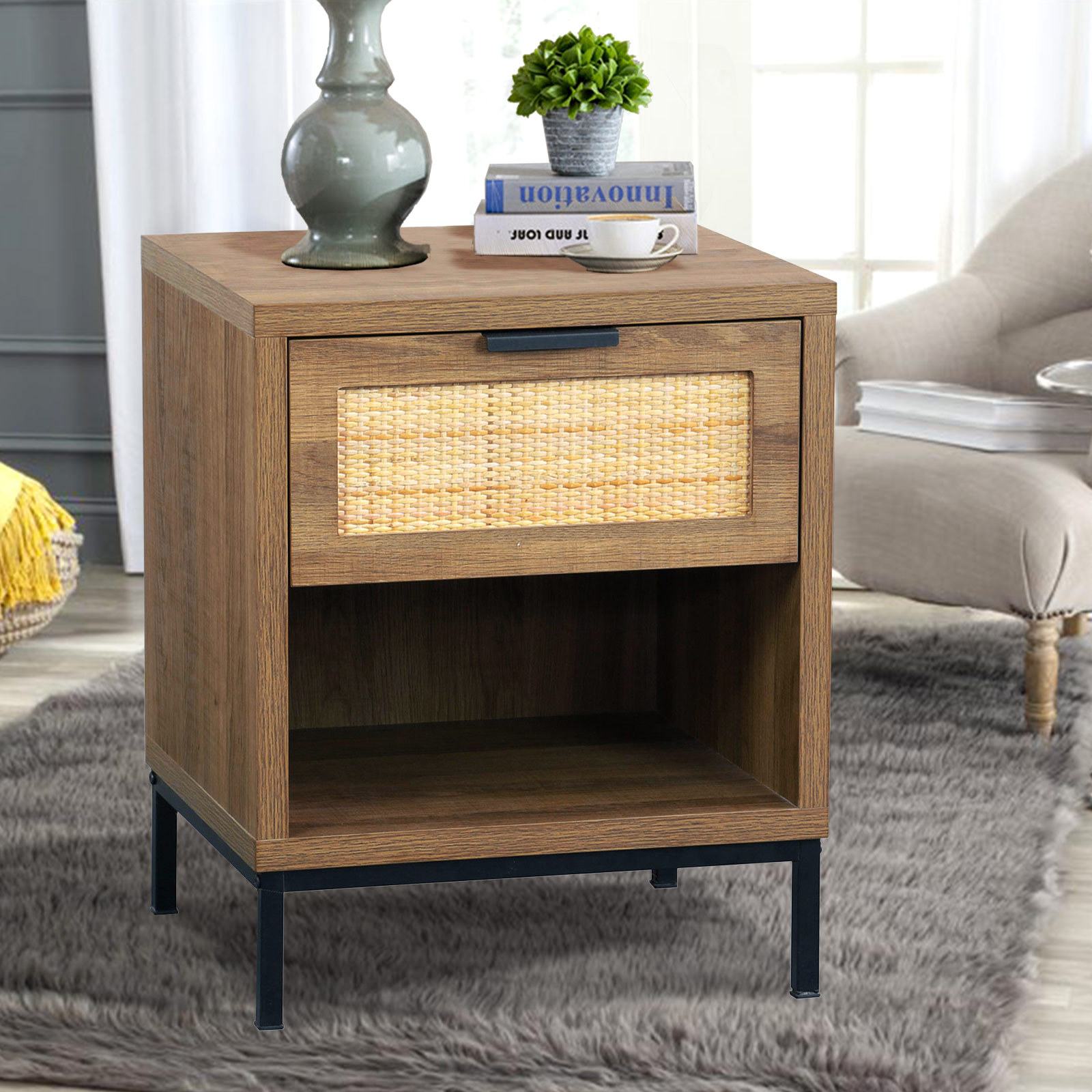Anmytek Rattan Drawer Nightstand, Bedroom Living Room Side Table Natural Wood End Table Wood Finish & Matte Accents with Storage H0010