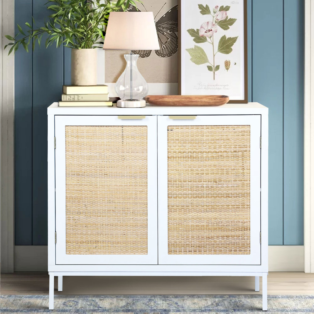 Anmytek Rattan Cabinet, Storage Cabinet with 2 Rattan Decorated Doors Fixed Shelf Large Space for Living Room Hallway Entryway Dining Room, H0012