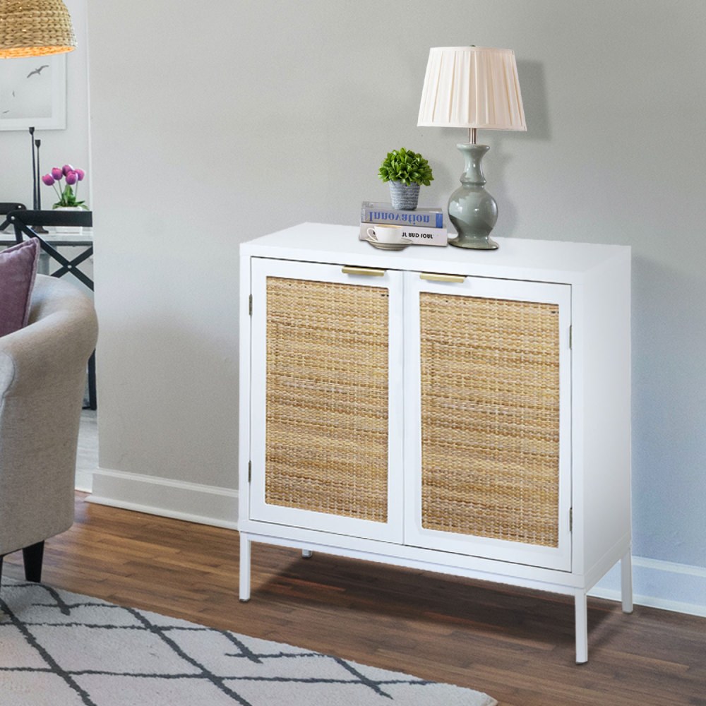 Anmytek Rattan Cabinet, Storage Cabinet with 2 Rattan Decorated Doors Fixed Shelf Large Space for Living Room Hallway Entryway Dining Room, H0012