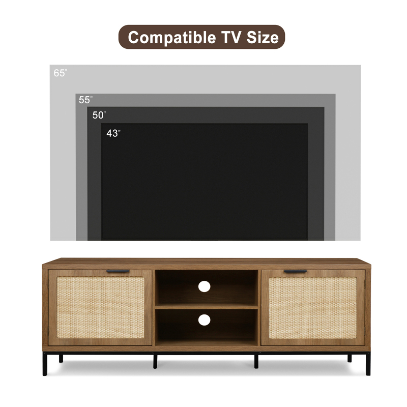 Anmytek Farmhouse Rattan TV Stand for 65 Inch TV, Rustic TV Console Table with 2 Rattan Doors, Modern Entertainment Center for Living Room Bedroom H0033