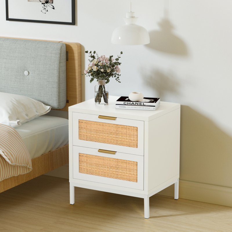 Natural Rattan 2 Drawer Nightstand, Anmytek Wood Storage Cabinet for Bedroom Livingroom Simple Sofa Side Table Bedside Furniture, White H0011