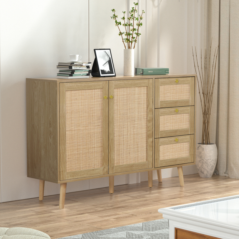 Anmytek Rattan Storage Cabinet with 2 Doors and 3 Drawers, Buffet Cabinet with Spacious Storage, Wood Sideboard Buffet for Living Room Dining Room Hallway Kitchen, Natural Oak H0088