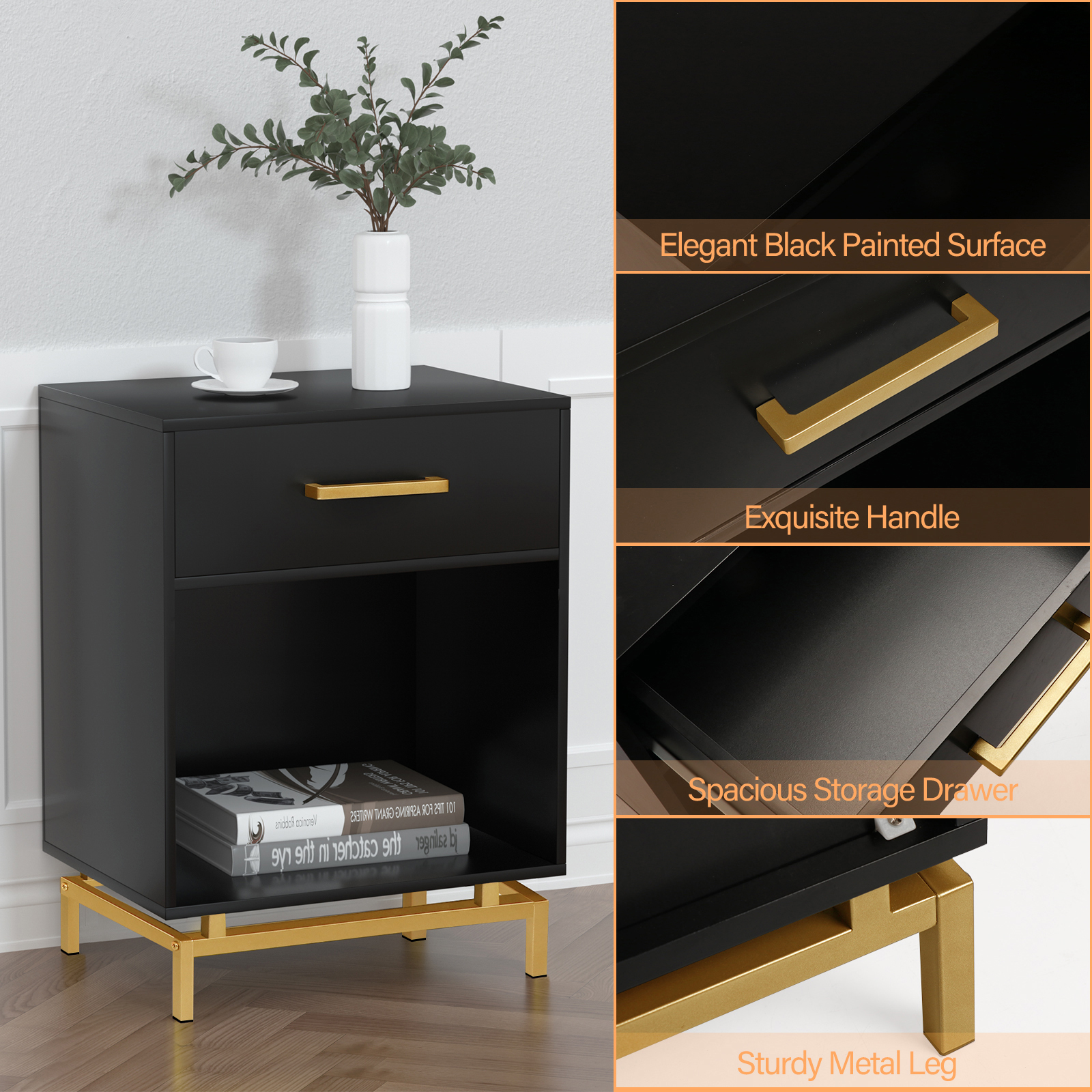 Anmytek Wood Nightstand, 25" H Mid Century Modern Nightstand Bedside Table with Drawer for Bedroom Living Room Black, H0065