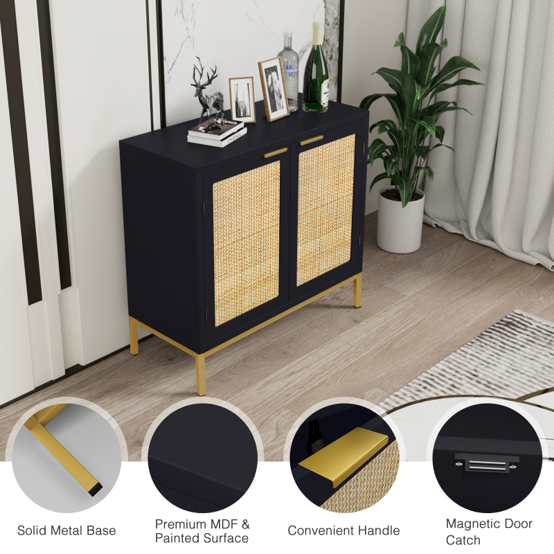 Anmytek Black Rattan Cabinet with Storage, Sideboard Storage Cabinet with 2 Rattan Decorated Doors Fixed Shelf Large Space Wood Cabinet for Living Room Entryway Hallway Dining Room H0047