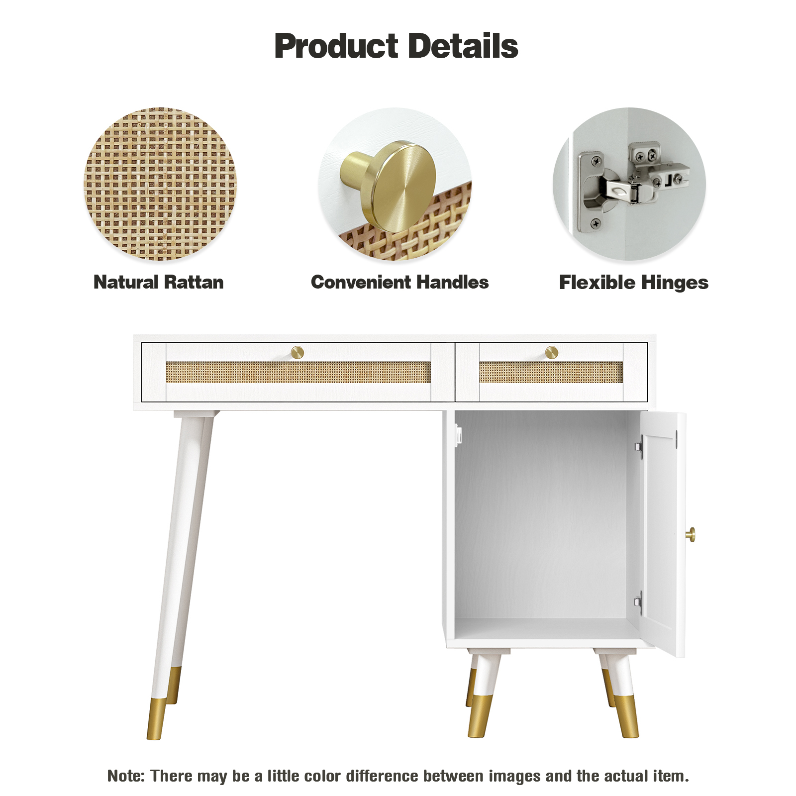 Anmytek Rattan Vanity Desk with Drawers and Storage, White Makeup Vanity Table Modern Home Office Desk Computer Desk for Bedroom Study D0006