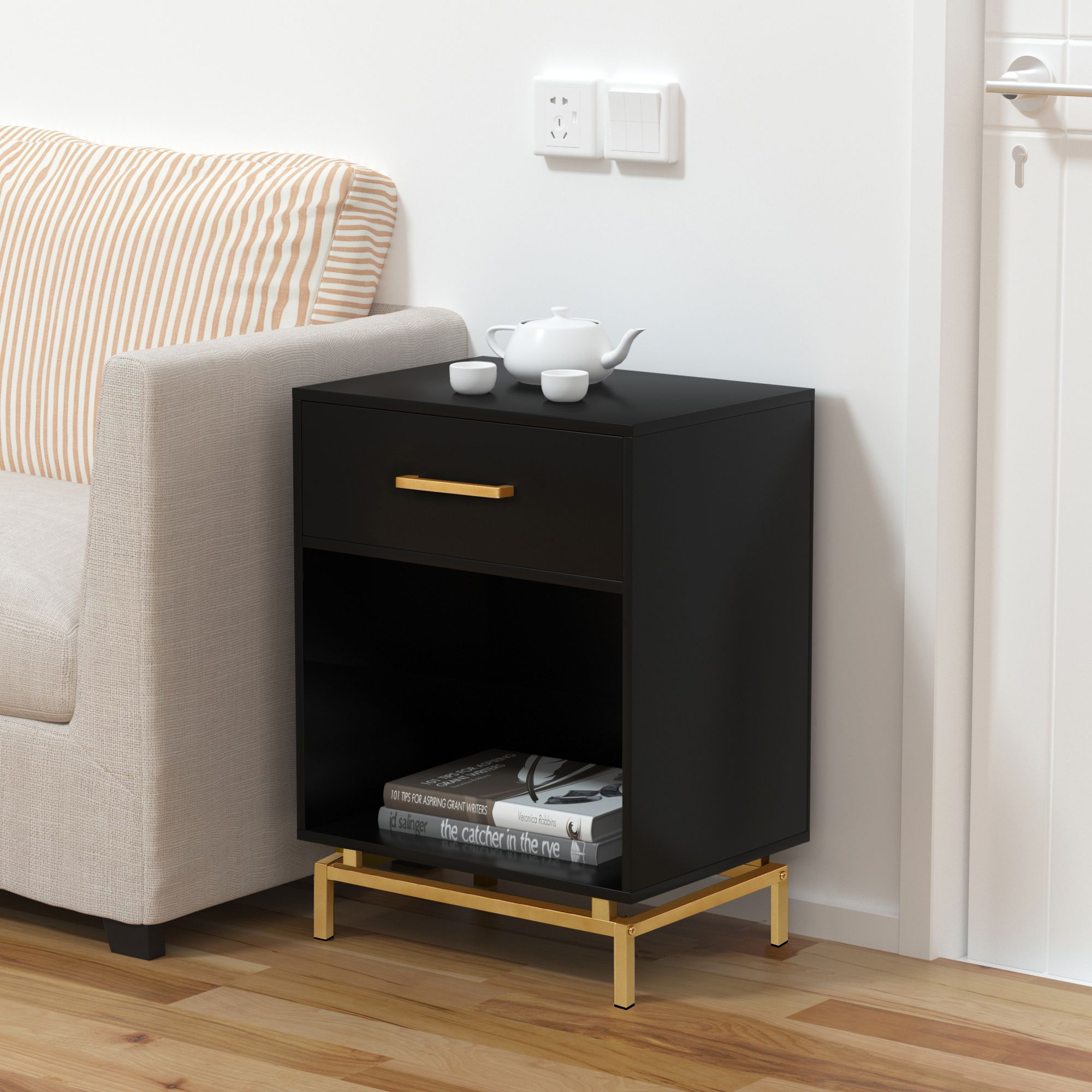 Anmytek Wood Nightstand, 25" H Mid Century Modern Nightstand Bedside Table with Drawer for Bedroom Living Room Black, H0065