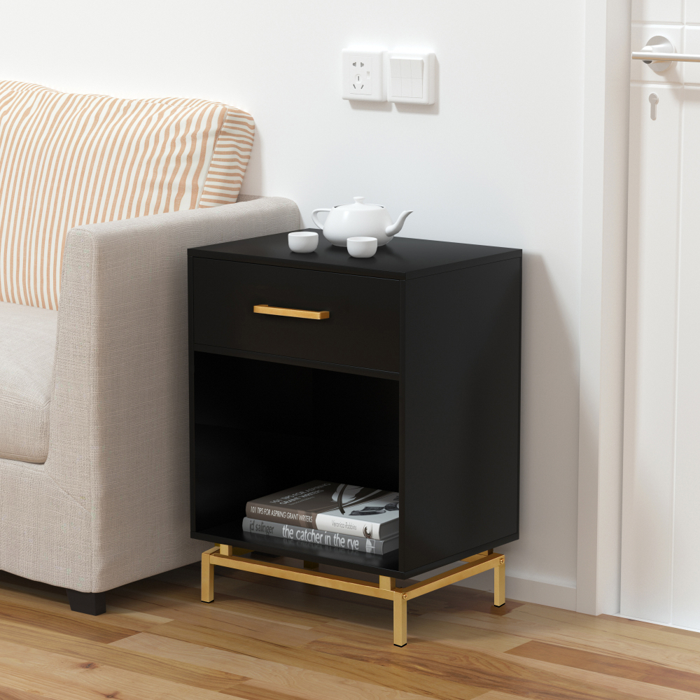 Anmytek Wood Nightstand, 25" H Mid Century Modern Nightstand Bedside Table with Drawer for Bedroom Living Room Black, H0065
