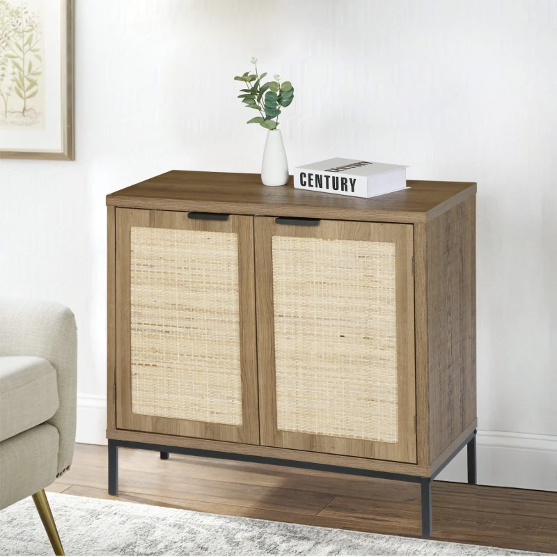 Anmytek Rustic Oak Accent Storage Cabinet with 2 Rattan Doors, Mid Century  Natural Wood Sideboard Furniture for Living Room