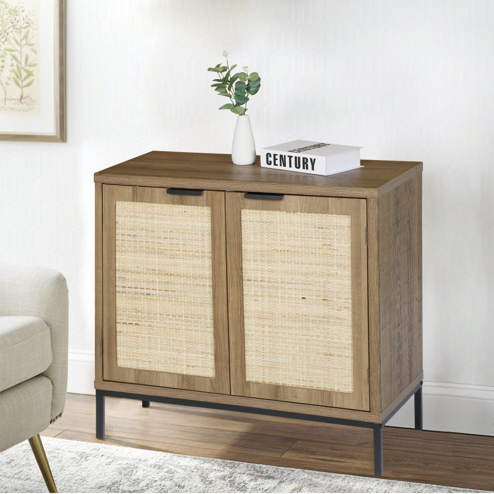 Anmytek Rustic Oak Accent Storage Cabinet with 2 Rattan Doors, Mid Century Natural Wood Sideboard Furniture for Living Room H0045