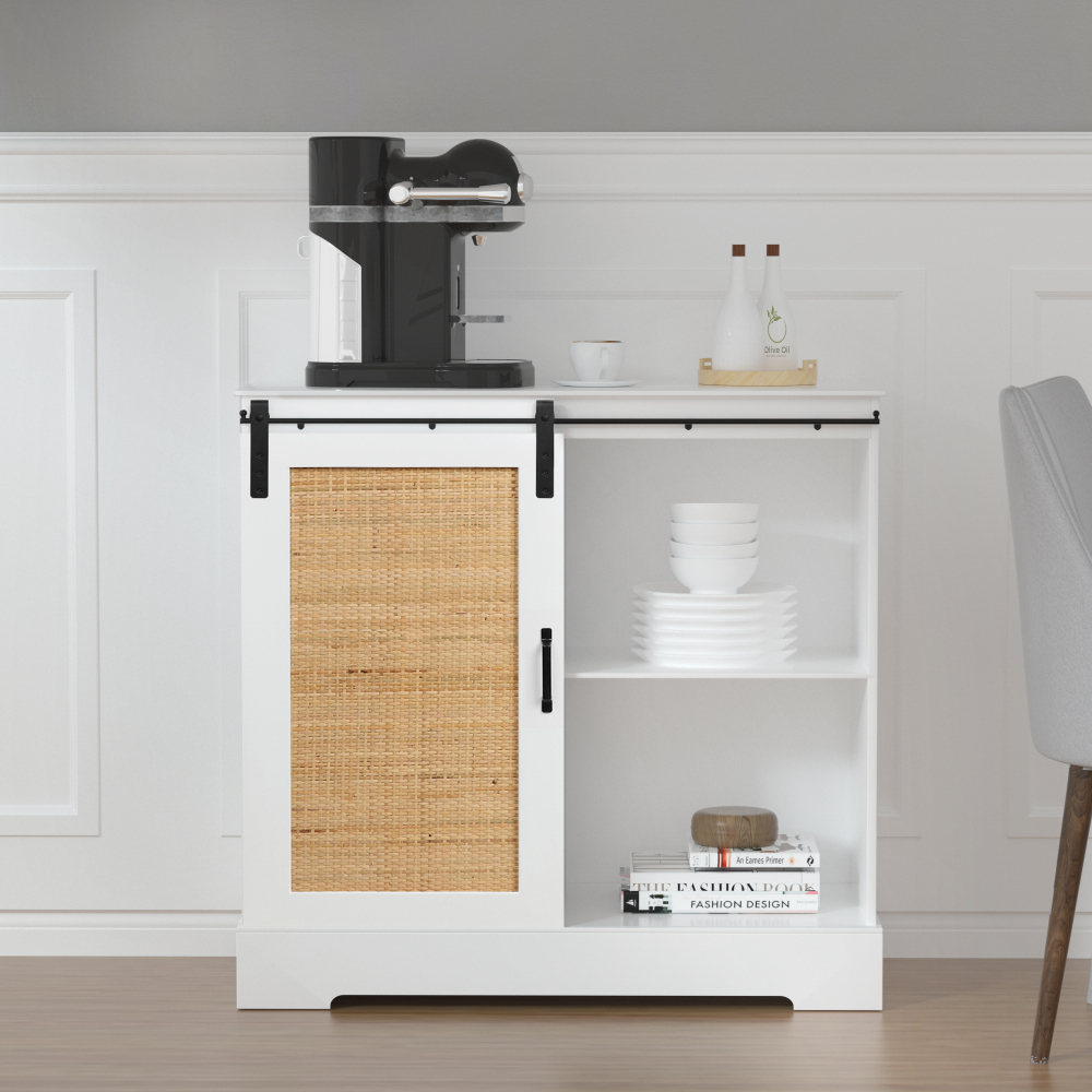 Anmytek Rattan Cabinet, Sideboard with Sliding Barn Door Farmhouse Coffee Bar Cabinet  for Living Room Kitchen Dining Room H0064