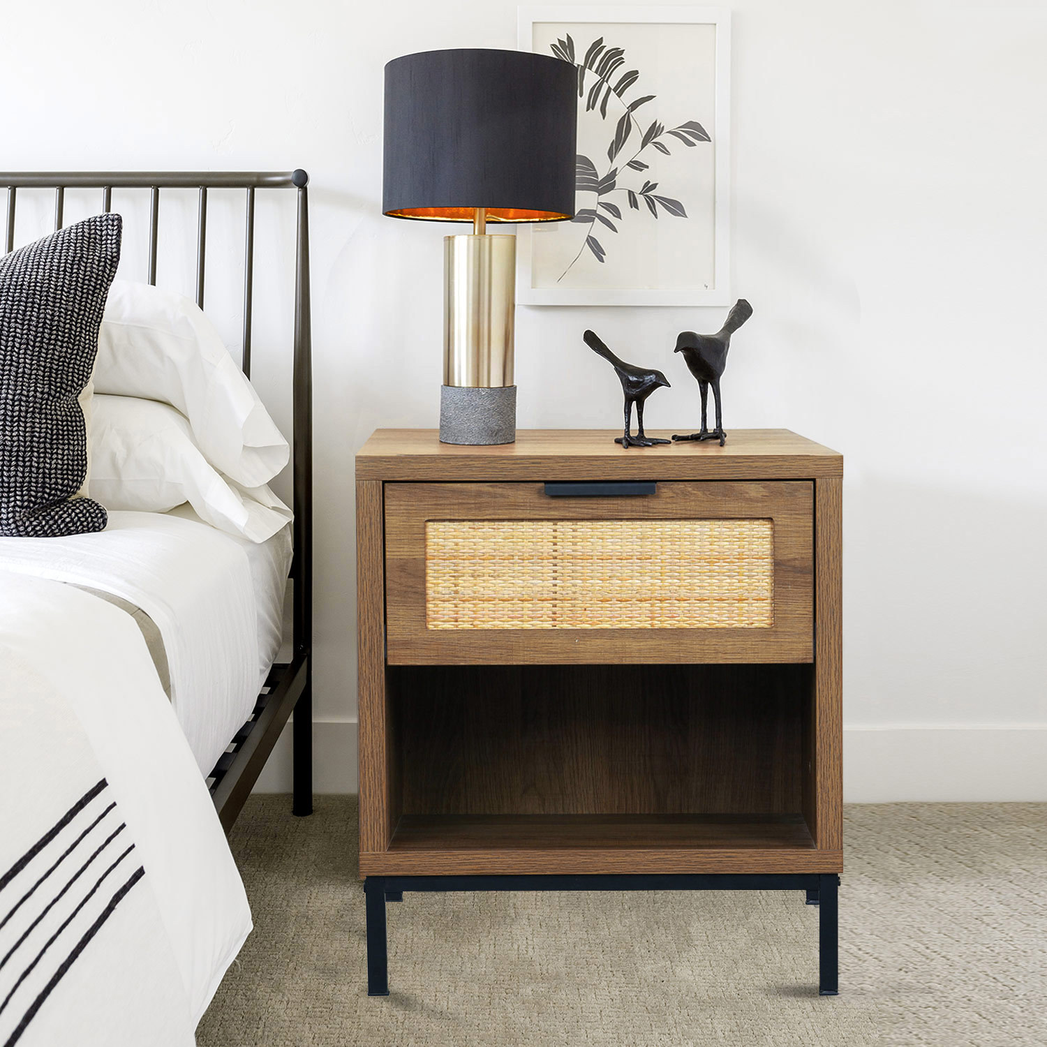 Anmytek Rattan Drawer Nightstand, Bedroom Living Room Side Table Natural Wood End Table Wood Finish & Matte Accents with Storage H0010