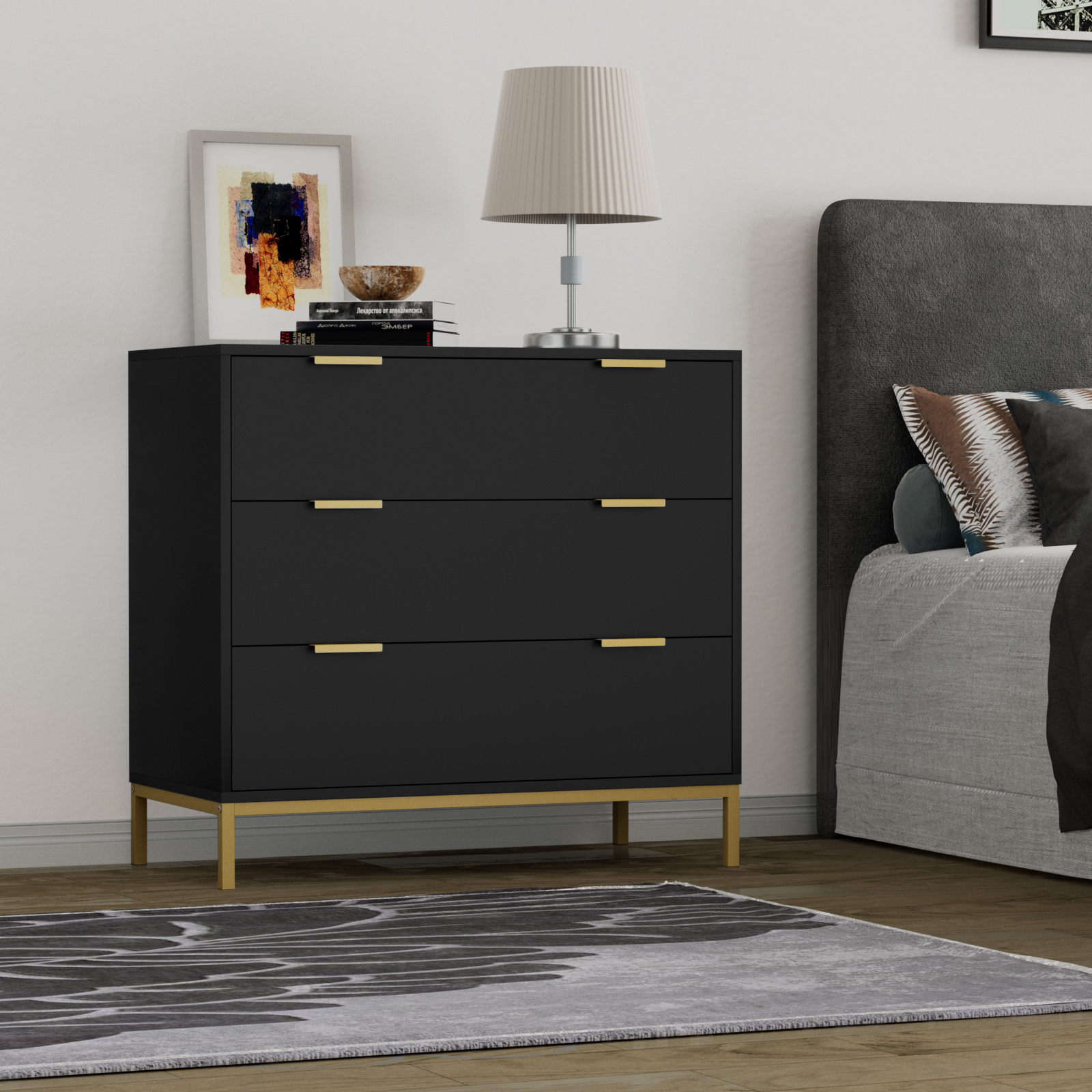 Anmytek Black Dresser for Bedroom, 3 Drawer Dresser with Spacious Storage Modern Wood Chest of Drawers for Bedroom Living Room Hallway H0073