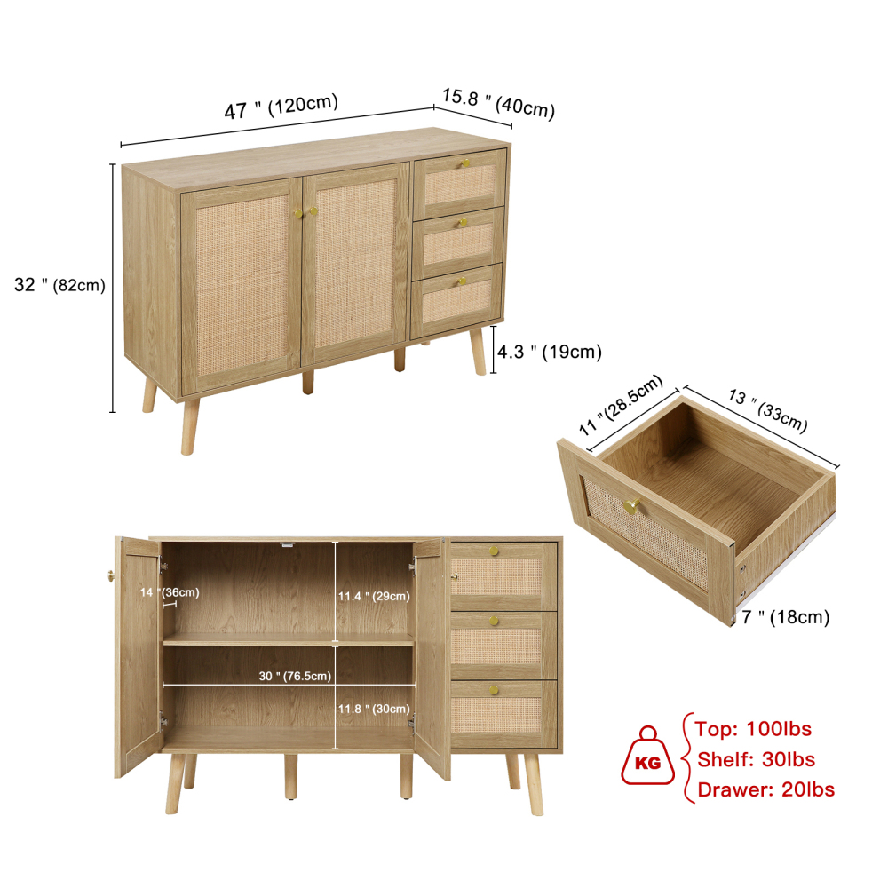 Anmytek Rattan Storage Cabinet with 2 Doors and 3 Drawers, Buffet Cabinet with Spacious Storage, Wood Sideboard Buffet for Living Room Dining Room Hallway Kitchen, Natural Oak H0088