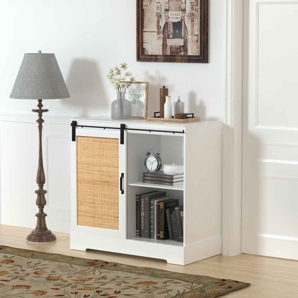 Anmytek Rattan Cabinet, Sideboard with Sliding Barn Door Farmhouse Coffee Bar Cabinet  for Living Room Kitchen Dining Room H0064