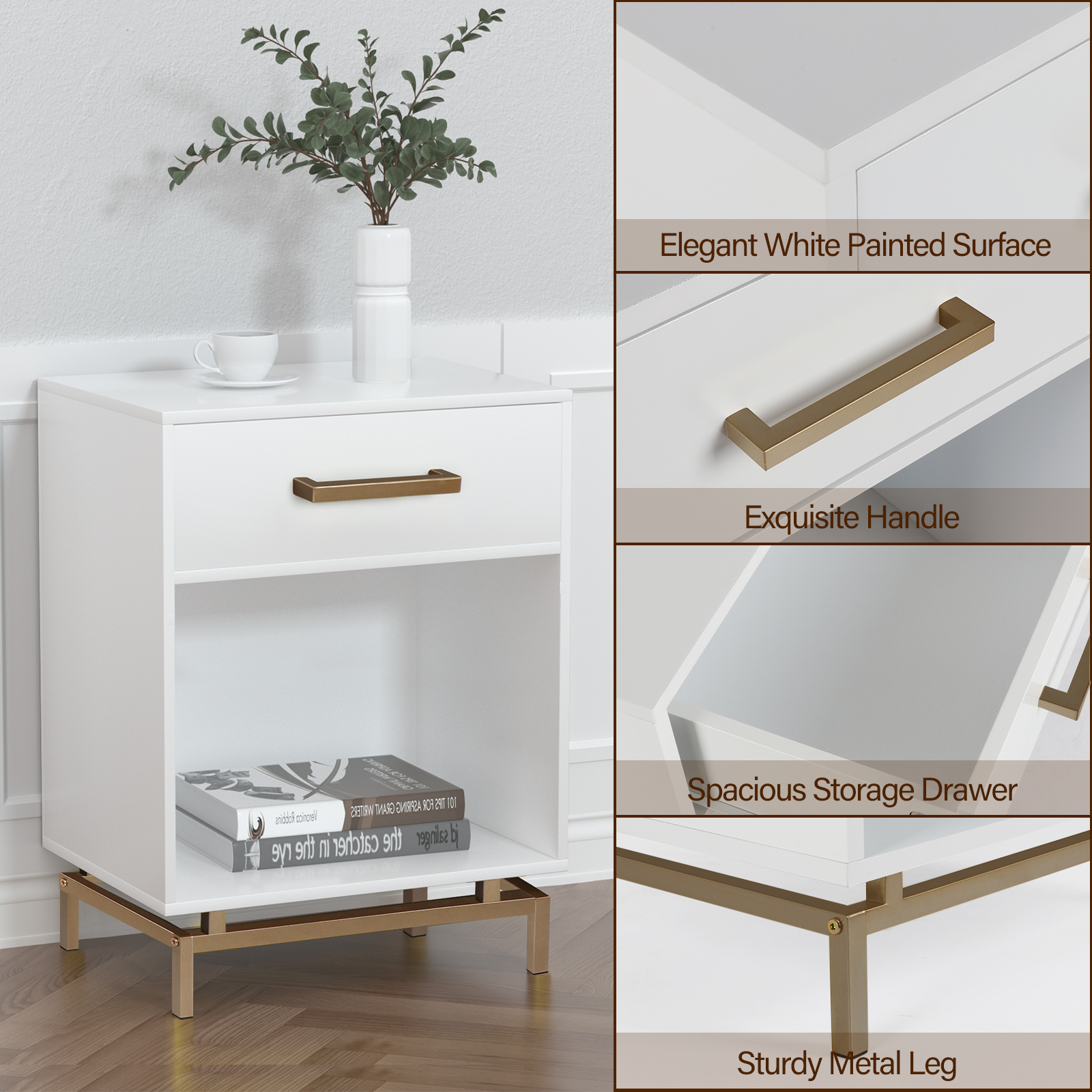 Anmytek Wood Nightstand, 25" H Mid Century Modern Nightstand Bedside Table with Drawer for Bedroom Living Room White, H0051