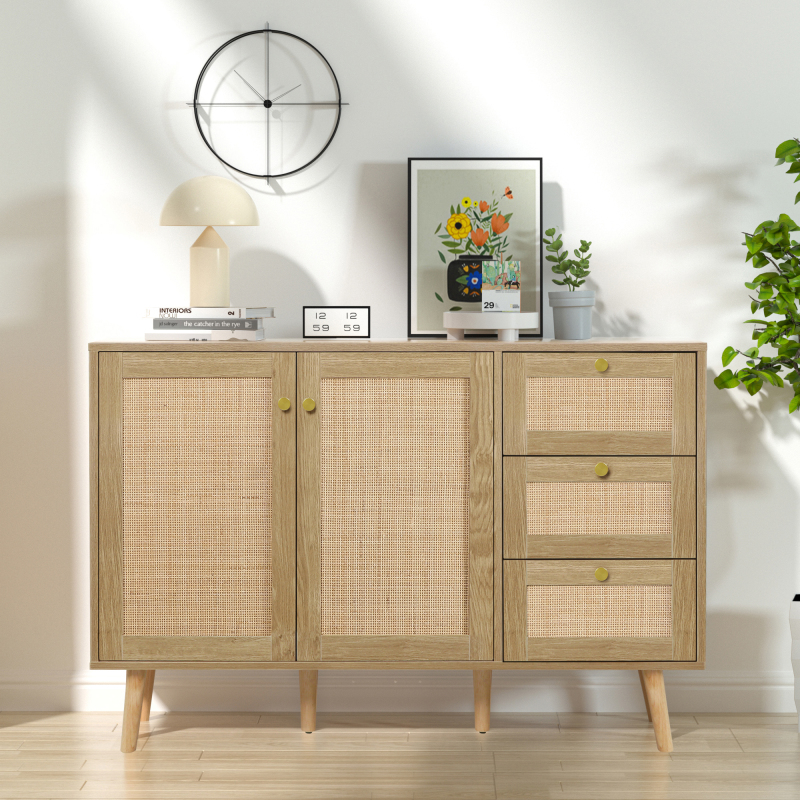 Anmytek Rattan Storage Cabinet with 2 Doors and 3 Drawers, Buffet Cabinet with Spacious Storage, Wood Sideboard Buffet for Living Room Dining Room Hallway Kitchen, Natural Oak H0088