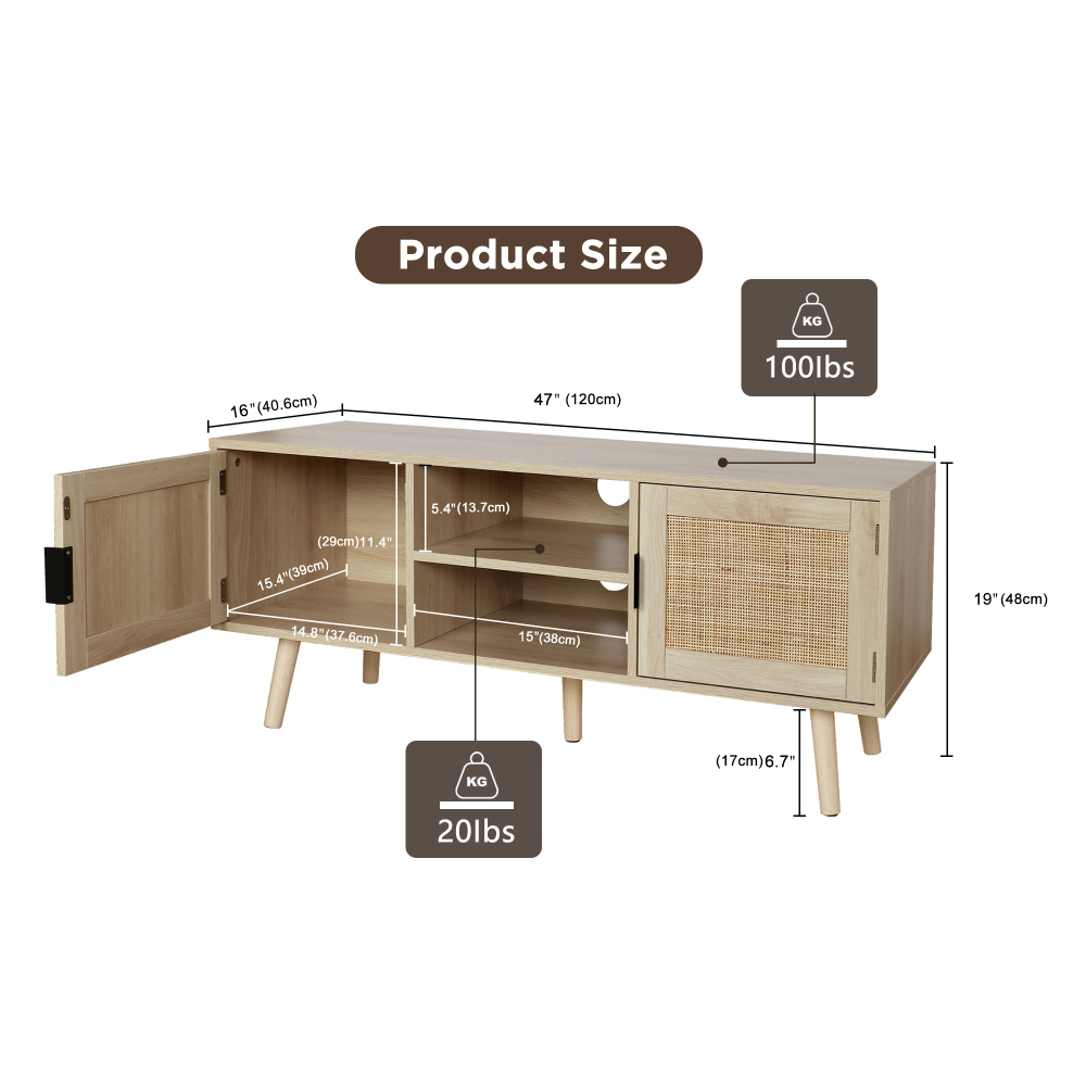 Universal Wood TV Stand with 2 Rattan Doors, Farmhouse Boho Media Console Table Rustic Oak Finish for Living Room, H0015