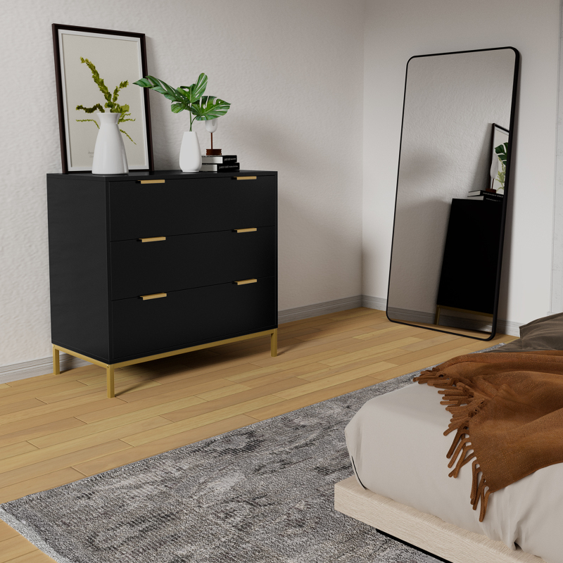 Anmytek Black Dresser for Bedroom, 3 Drawer Dresser with Spacious Storage Modern Wood Chest of Drawers for Bedroom Living Room Hallway H0073