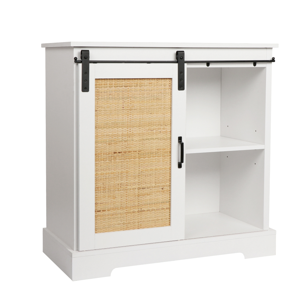 Anmytek Rattan Cabinet, Sideboard with Sliding Barn Door Farmhouse Coffee Bar Cabinet  for Living Room Kitchen Dining Room H0064