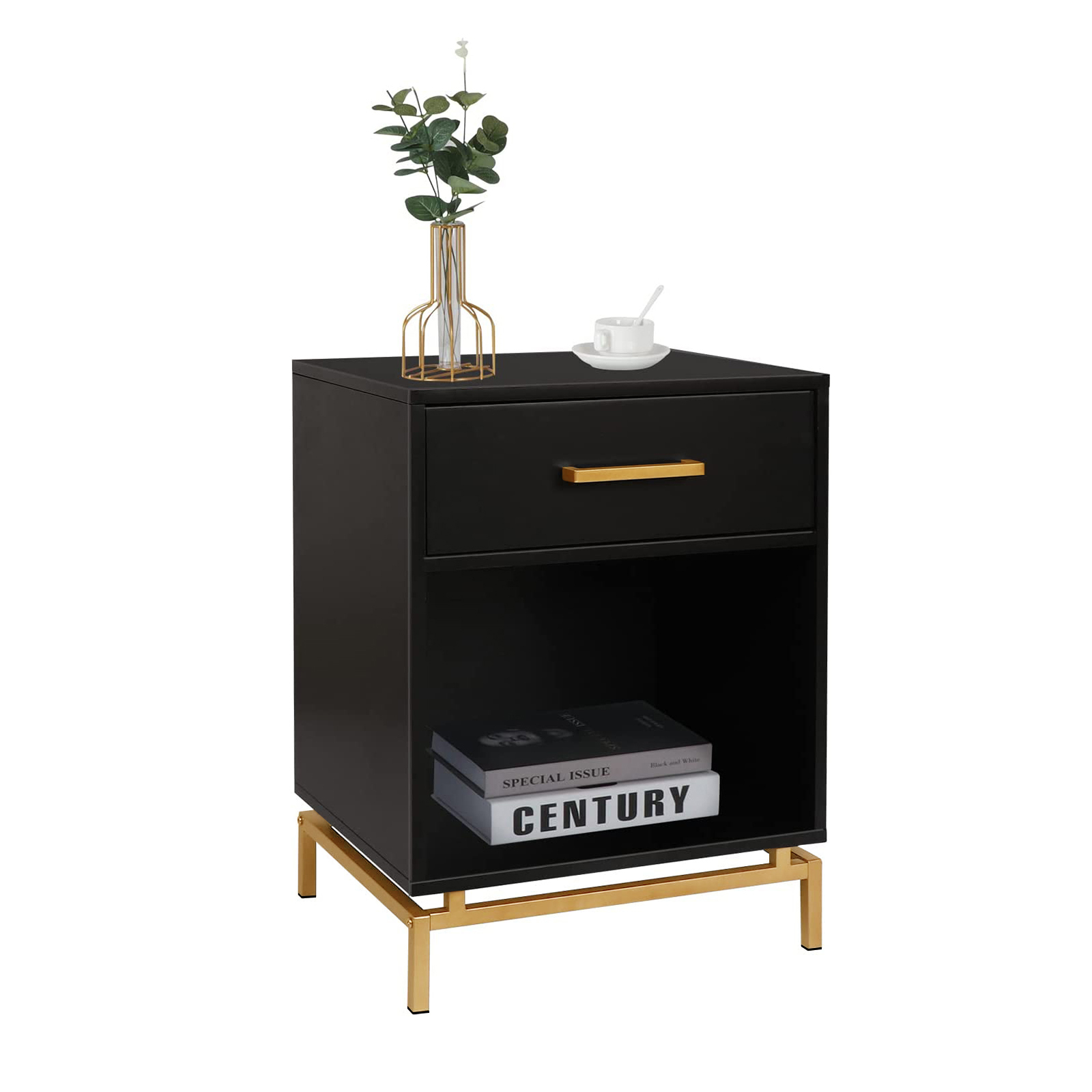 Anmytek Wood Nightstand, 25" H Mid Century Modern Nightstand Bedside Table with Drawer for Bedroom Living Room Black, H0065