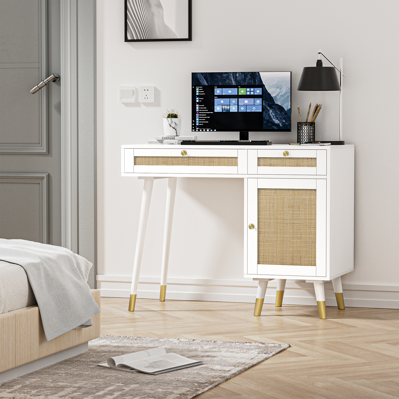 Anmytek Rattan Vanity Desk with Drawers and Storage, White Makeup Vanity Table Modern Home Office Desk Computer Desk for Bedroom Study D0006