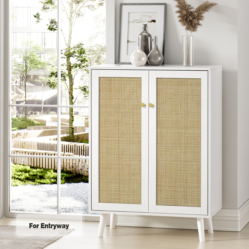 Anmytek Rattan Cabinet, 44" H Tall Sideboard Storage Cabinet with Crafted Rattan Front, Entry Cabinet Wood 2 Door Accent Cabinet with Adjustable Shelves White, H0086