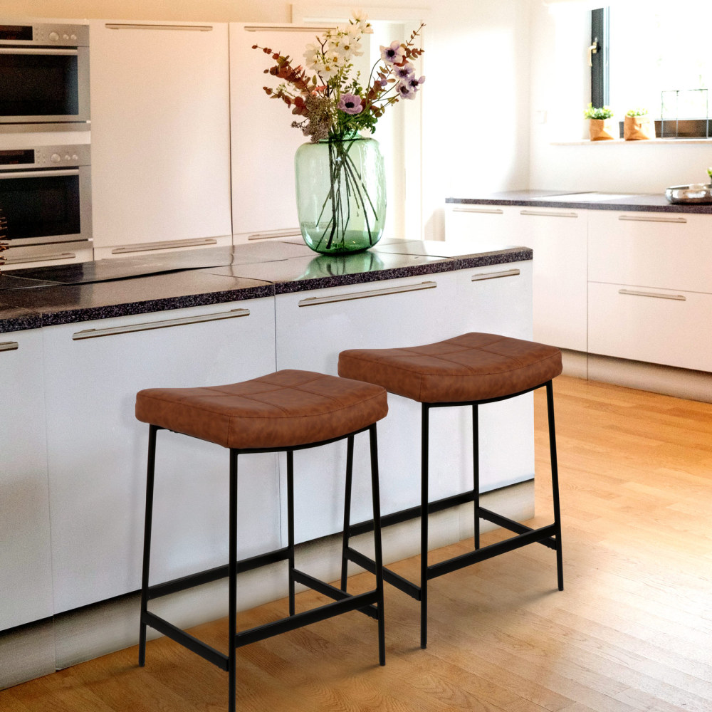 Modern Backless Barstool 27'' Upholstered Saddle Seat for Kitchen Counter Farmhouse Cafe Chair with PU Leather Thick Cushion Brown CH004