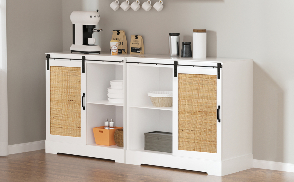 Anmytek Rattan Cabinet, Sideboard with Sliding Barn Door Farmhouse Coffee Bar Cabinet  for Living Room Kitchen Dining Room H0064